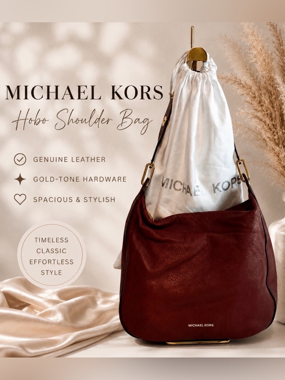 Michael Kors Burgundy Leather Hobo Shoulder Bag with Gold Hardware